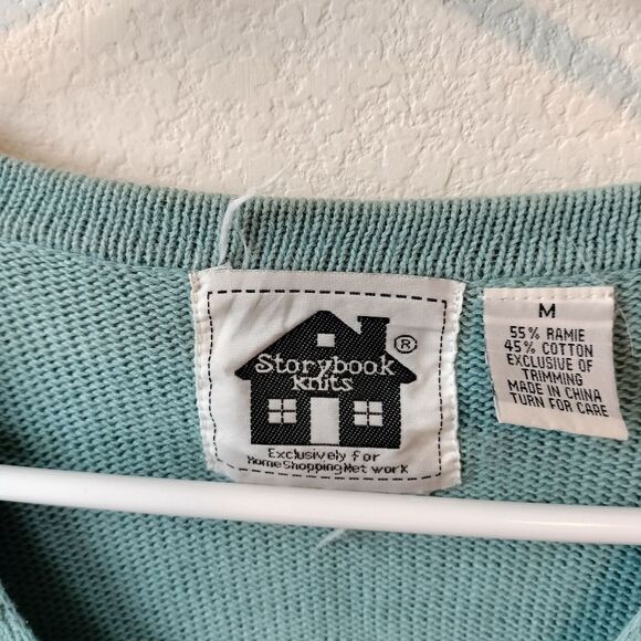 Blue Vintage Storybook Knits Sequined Embroidery Peacock Cardigan Sweater Sz M - Picture 4 of 7